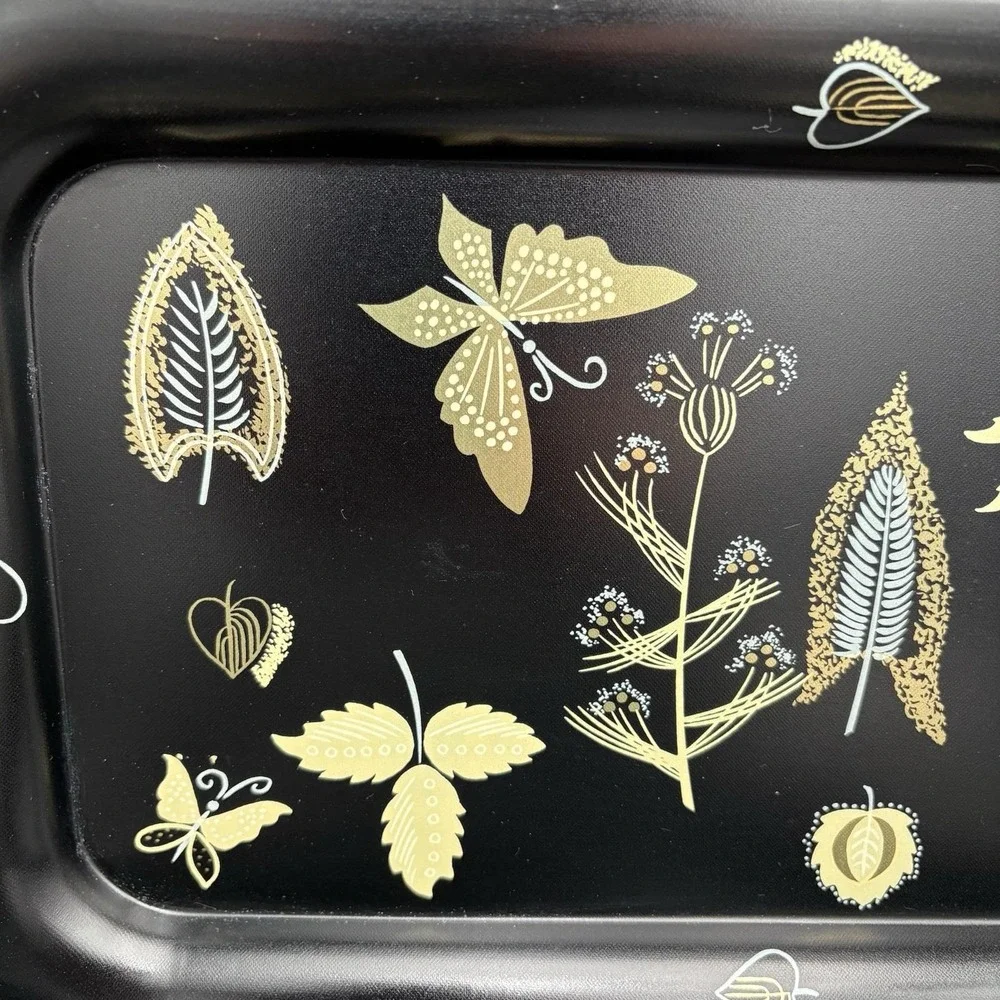 MCM Metal Trays Serving Platters Butterflies Leaves Flowers Black Gold 1960 8pc
